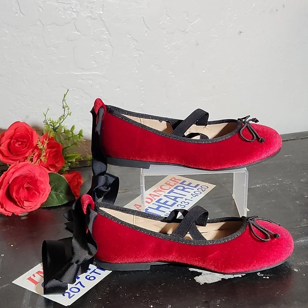 HOO Ted Velvet Ballerina Flats Bow Detachable Ribbon Tie Slip On Flats C…